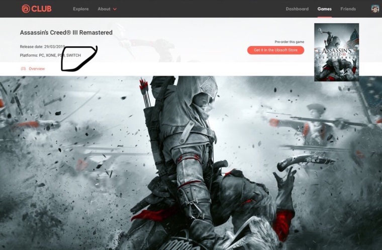 Assassin's Creed III Remastered pre Switch sa u objavil aj na strnke Ubisoft klubu