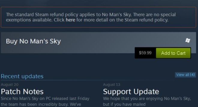 Steam strnka No Man's Sky bola doplnen o refund sprvu